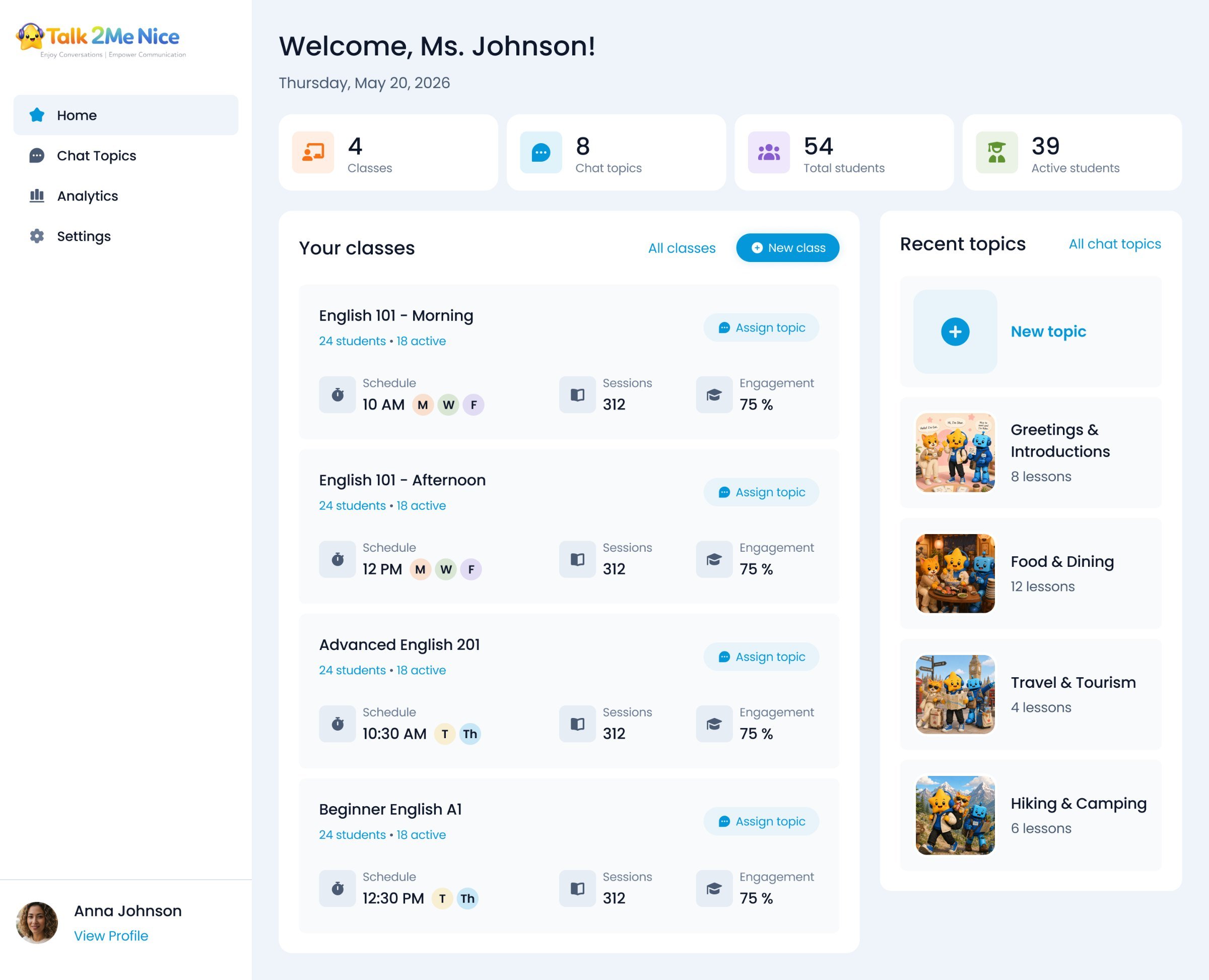 Teacher home: classes with schedule, sessions and engagement