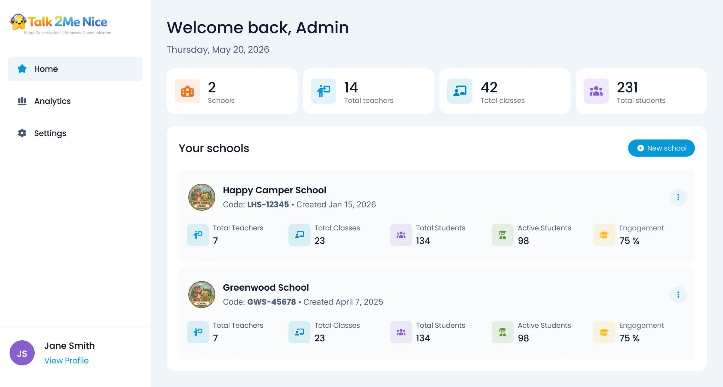 Admin home: schools with teachers, classes, students and engagement