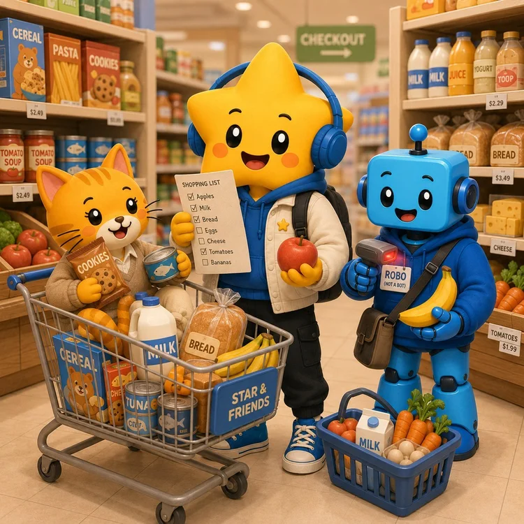 Luna and friends with a full grocery cart