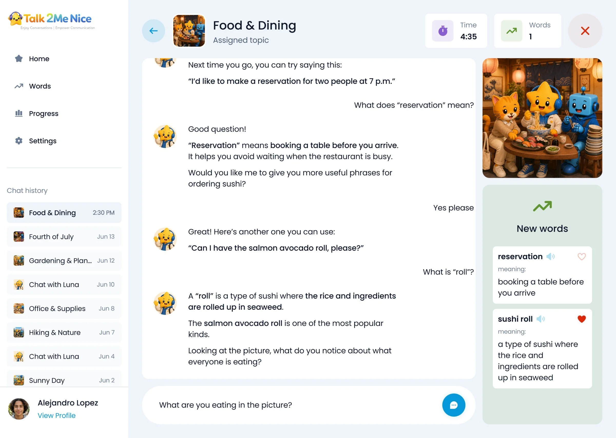 A Food & Dining chat with Luna: the topic illustration on the side and new words collected as the student asks about them