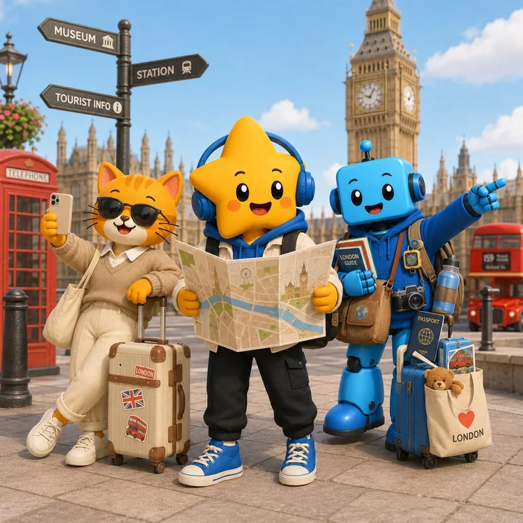 Luna and friends reading a map in a city