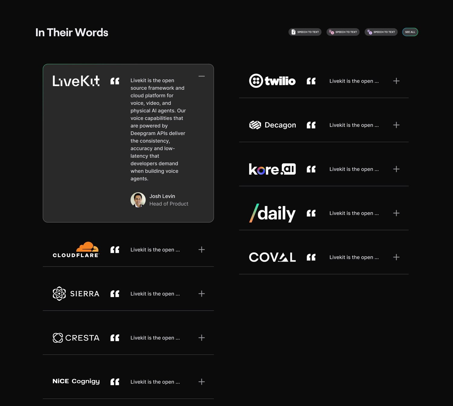 Quote accordion in two columns with tags: partner quotes