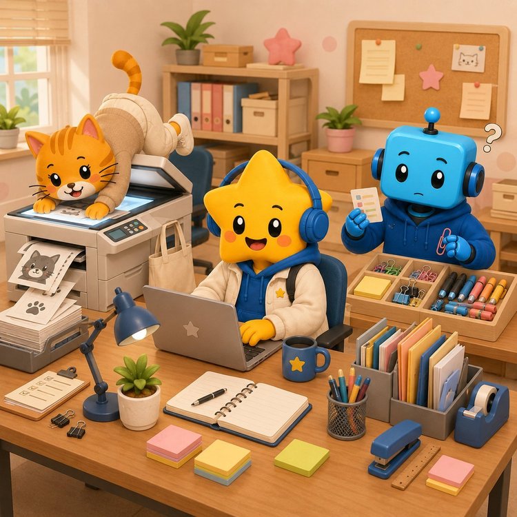Luna and friends at an office desk