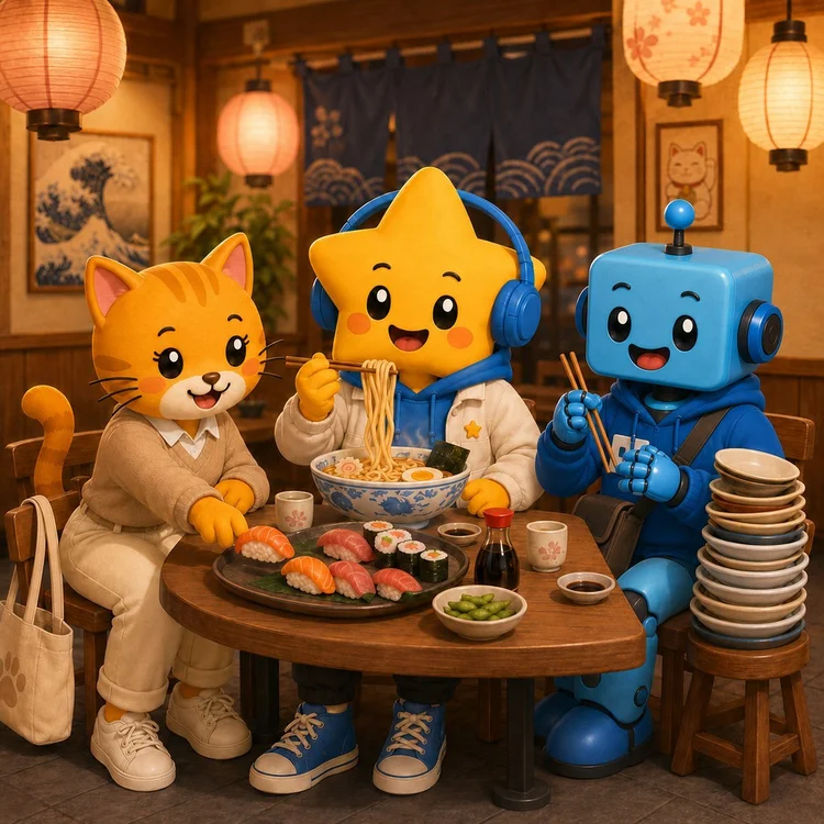 Luna, the cat and the robot sharing sushi and noodles