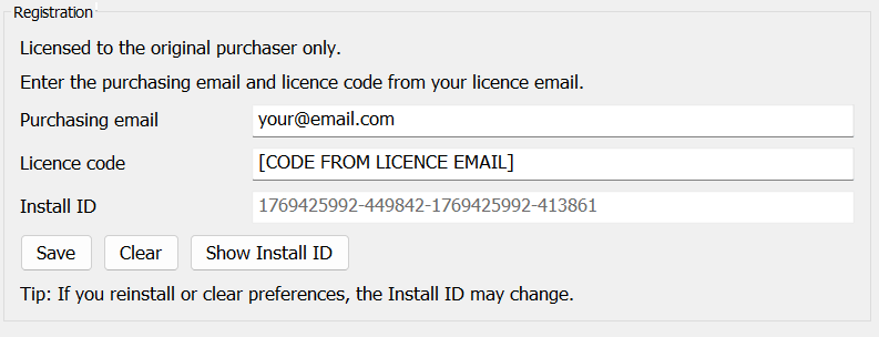  Registration box showing Purchasing email, Licence code, Install ID, and Save/Clear/Show Install ID buttons