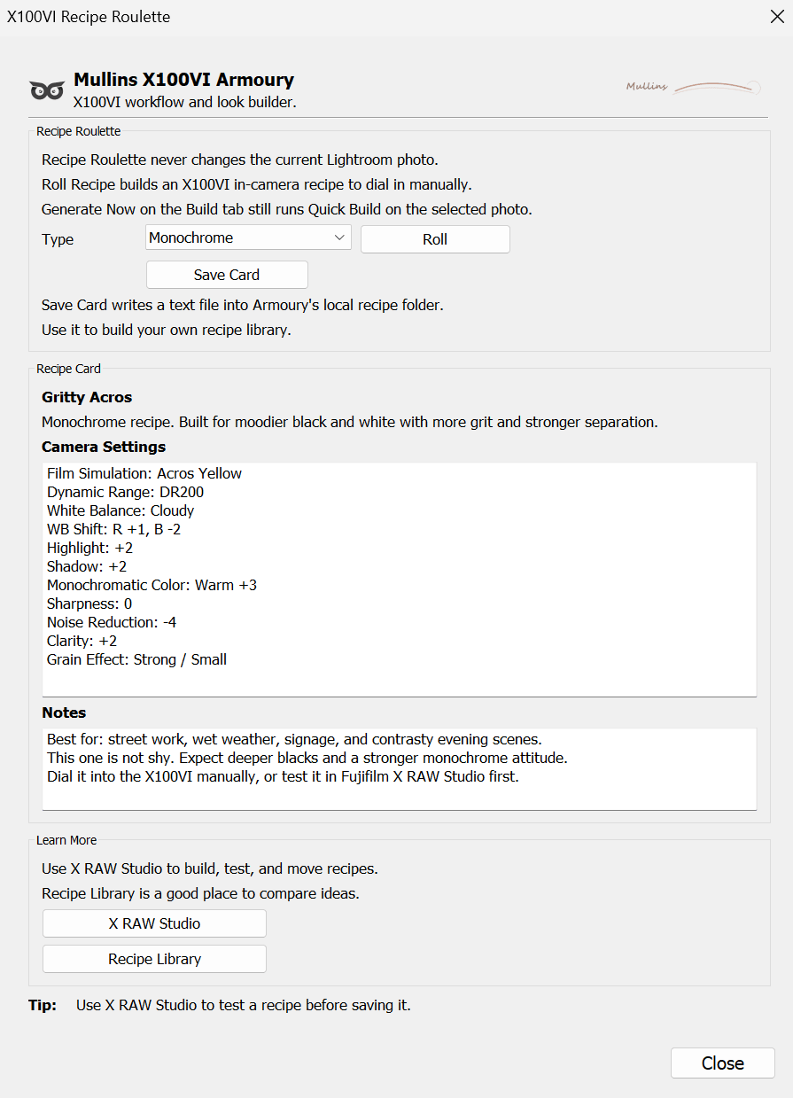 X100VI Recipe Roulette window showing recipe type selection, Roll, Save Card, generated recipe name, camera settings and notes.