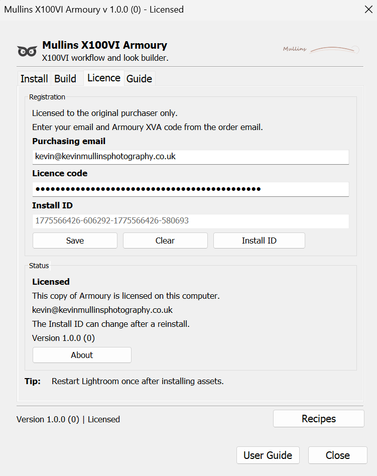 Mullins X100VI Armoury Licence tab showing purchasing email, licence code, Install ID, Save, Clear and registration status.