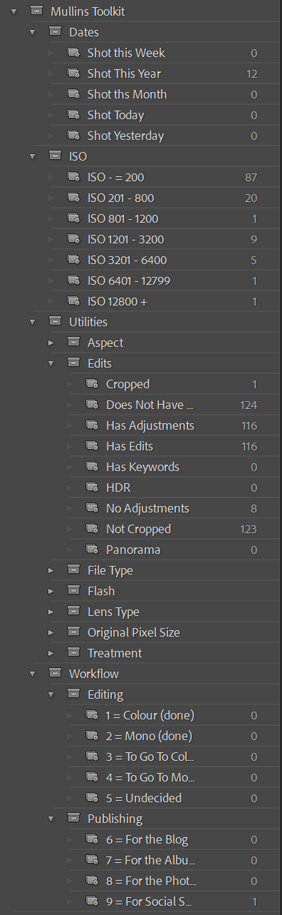 Lightroom Classic Collections panel showing the Mullins Toolkit Smart Collections with Dates, ISO, Workflow and Utilities groups.
