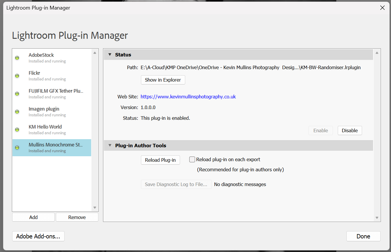  Lightroom Classic Plug-in Manager with Mullins Monochrome Studio enabled