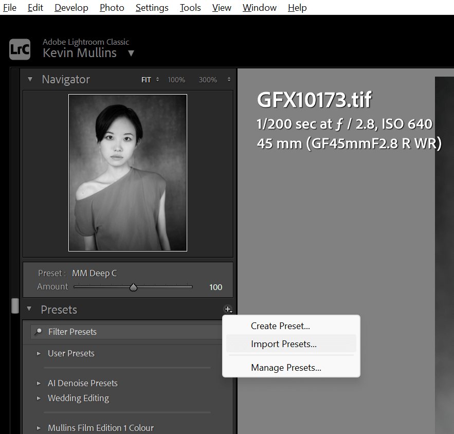  Lightroom Classic Presets panel with + menu showing Import Presets