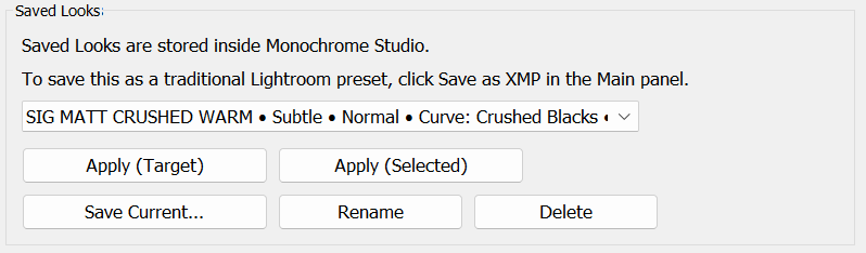  Saved Looks dropdown plus Apply/Save/Rename/Delete buttons