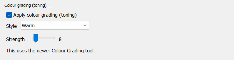  Colour grading (toning) box showing Apply colour grading, Style, and Strength slider