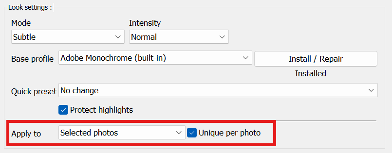  Apply to dropdown and Unique per photo checkbox