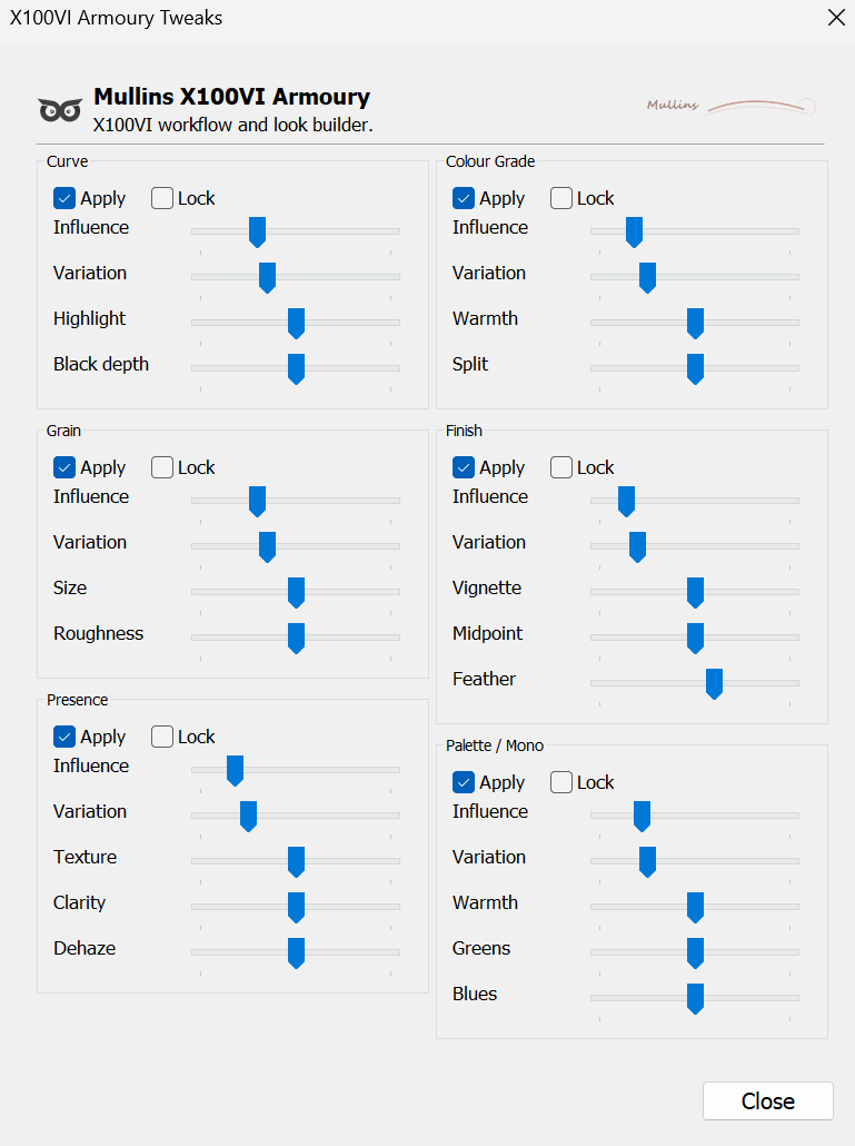 X100VI Armoury Tweaks window showing Curve, Grain, Presence, Colour Grade, Finish and Palette or Mono modules with Apply and Lock controls.