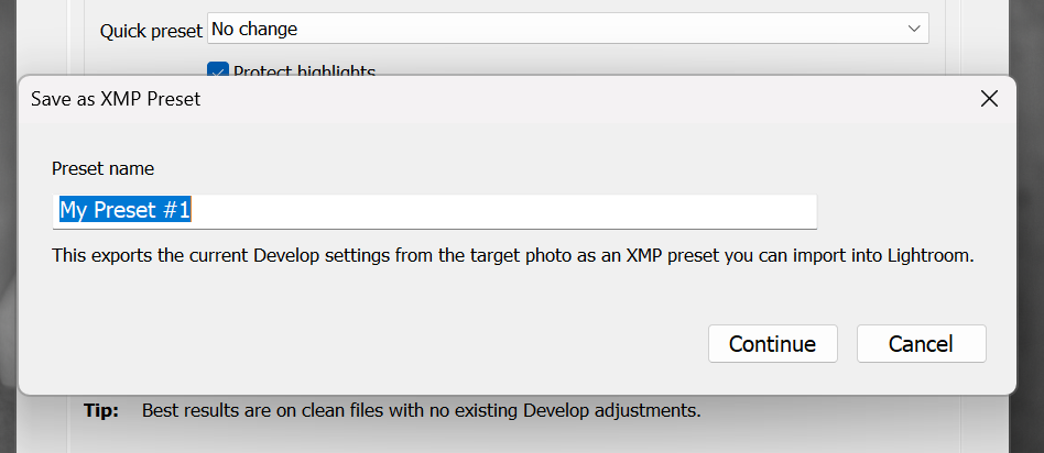  Save as XMP Preset dialog showing Preset name field and explanatory text