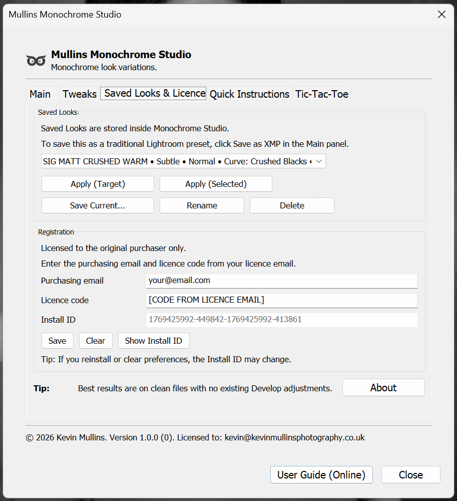  Saved Looks & Licence tab overview showing Saved Looks and Registration boxes