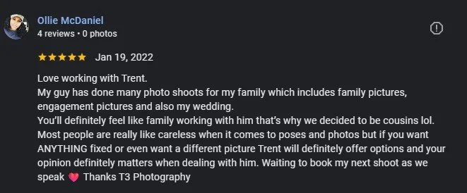 T3 Photography client review about the session experience