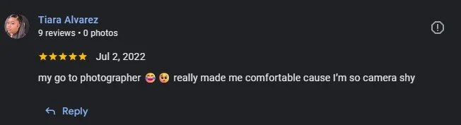 Client review saying Trent made them comfortable even though they are camera shy