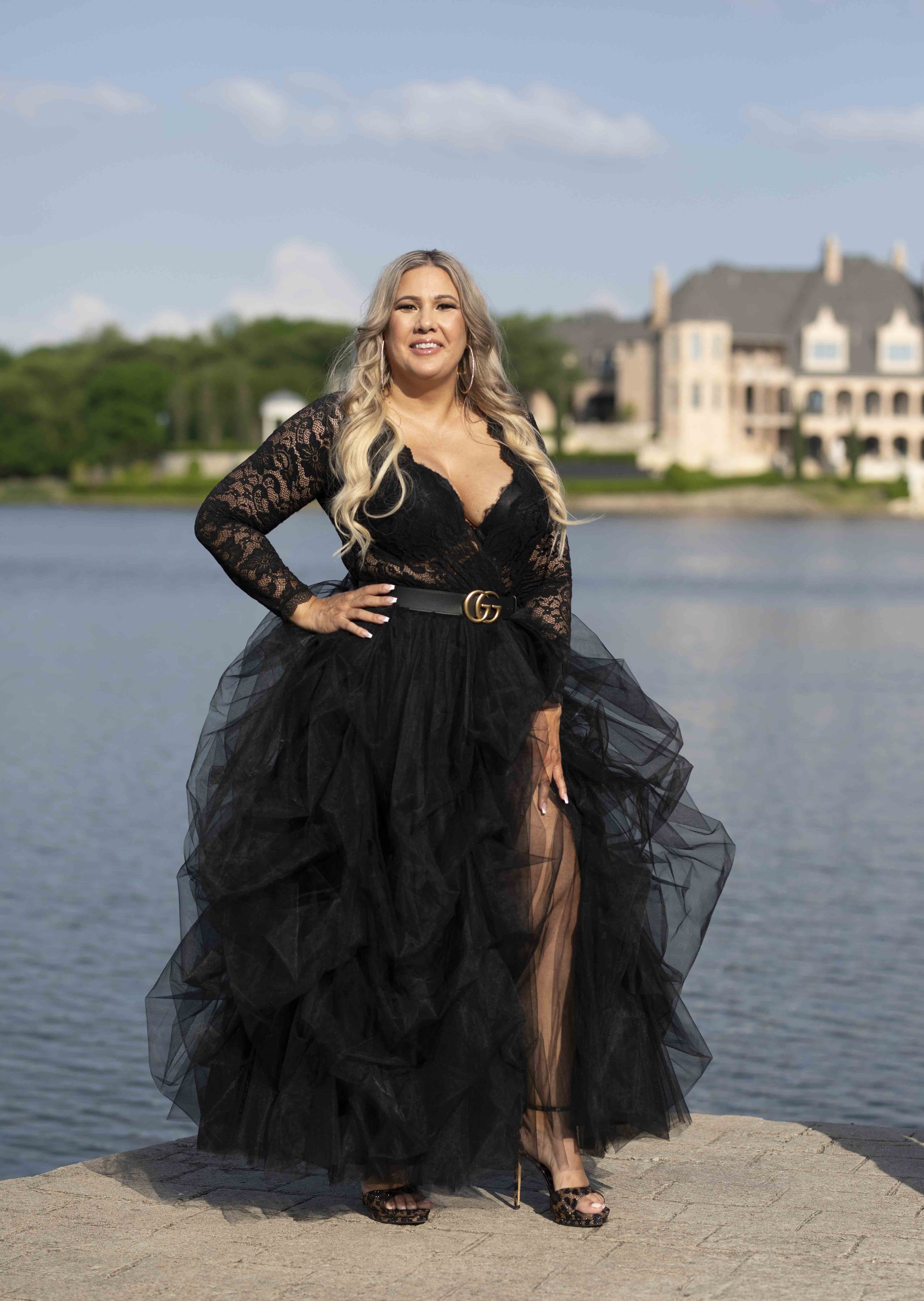 Luxury black dress solo portrait by the water by T3 Photography