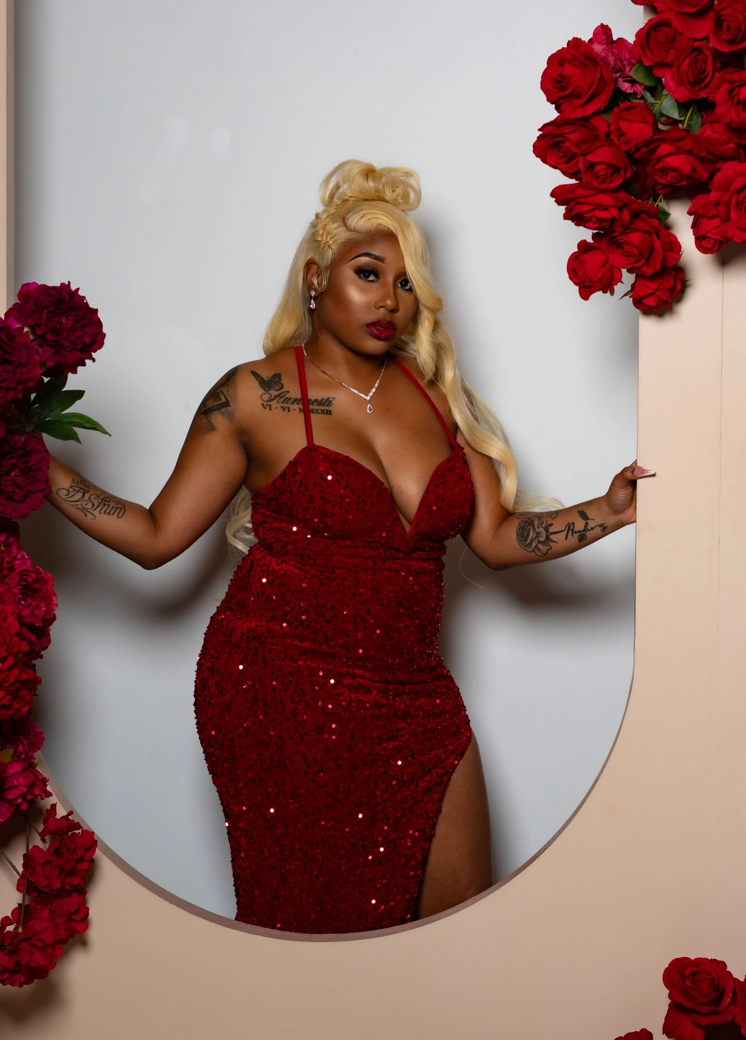 Polished red dress portrait by T3 Photography