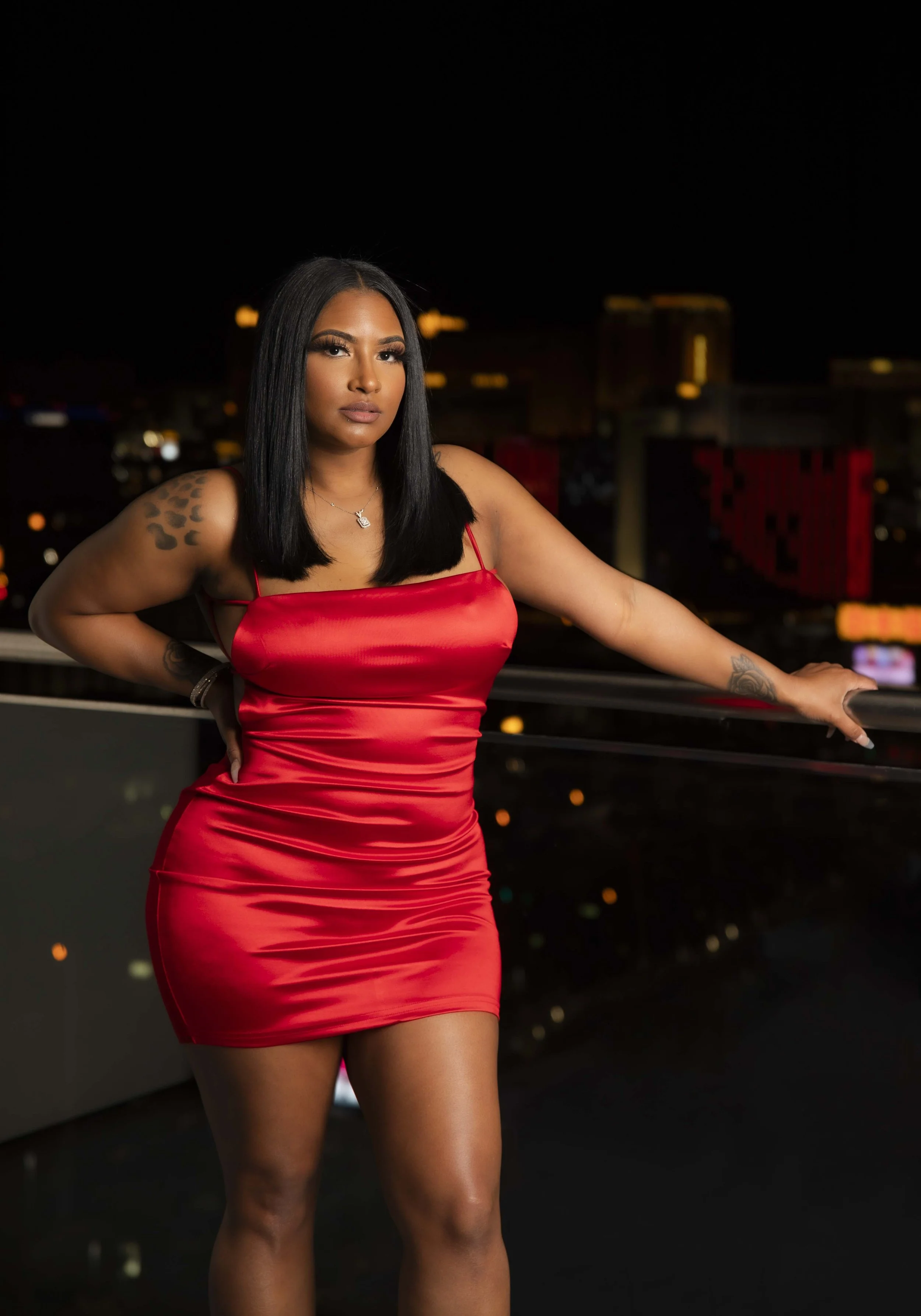 Nighttime solo portrait in red dress by T3 Photography