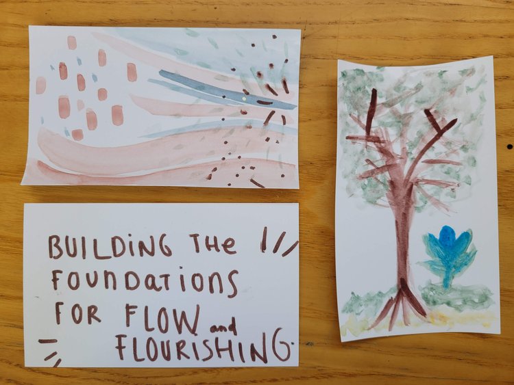 Two watercolour images on cards; a third card has the text BUILDING THE FOUNDATIONS FOR FLOW AND FLOURISHING