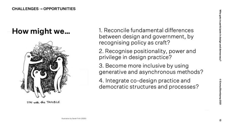 Slide from presentation reframing four challenges in design and democracy as opportunities.