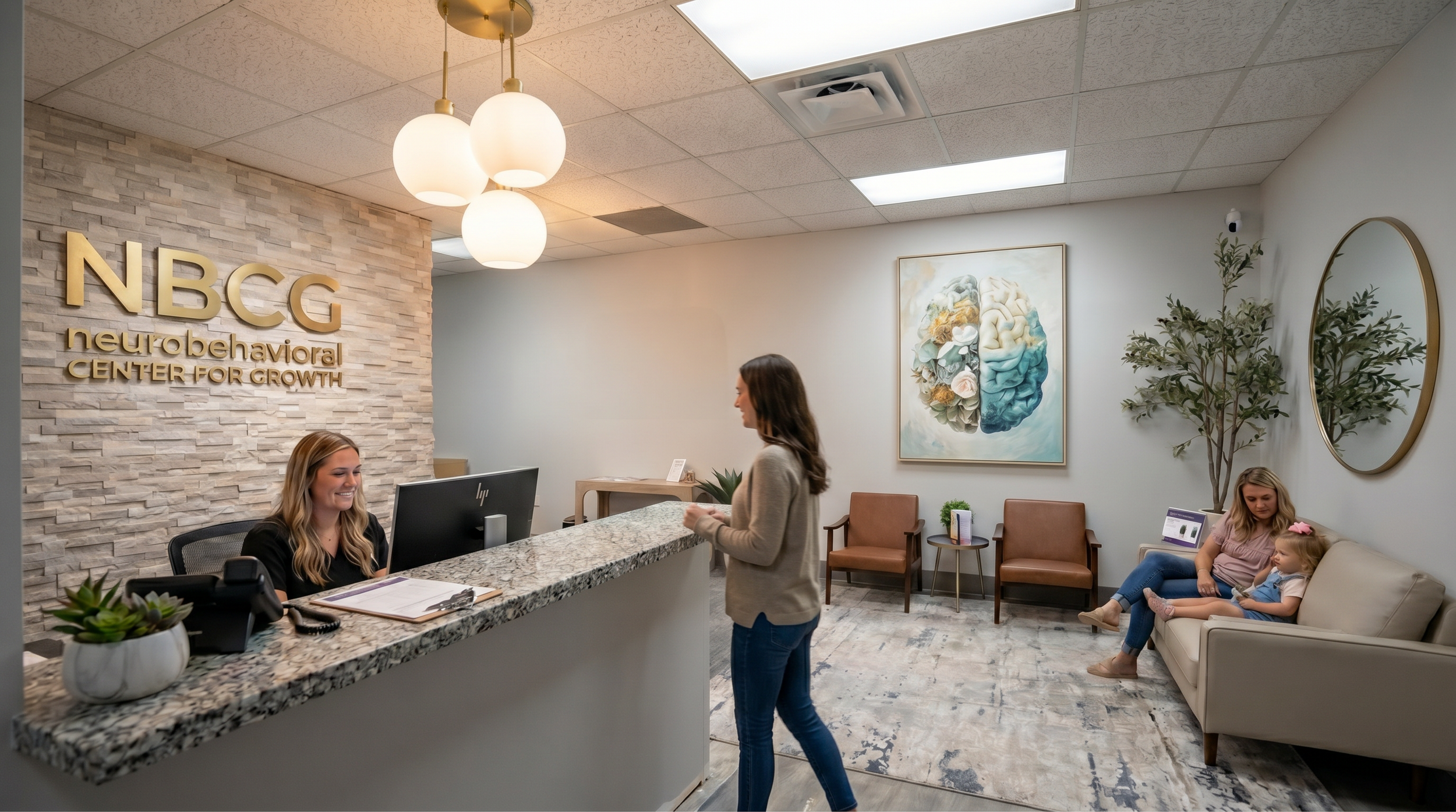 Welcoming NBCG reception desk and waiting area in our Utah mental health clinic