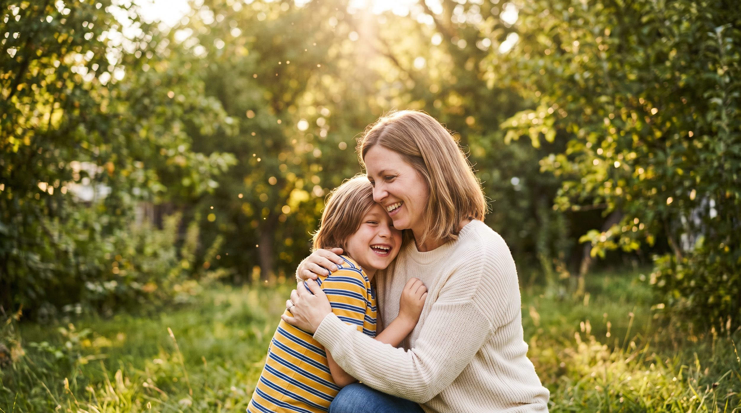 Mother joyfully hugging her child outdoors — life restored after TMS therapy for depression
