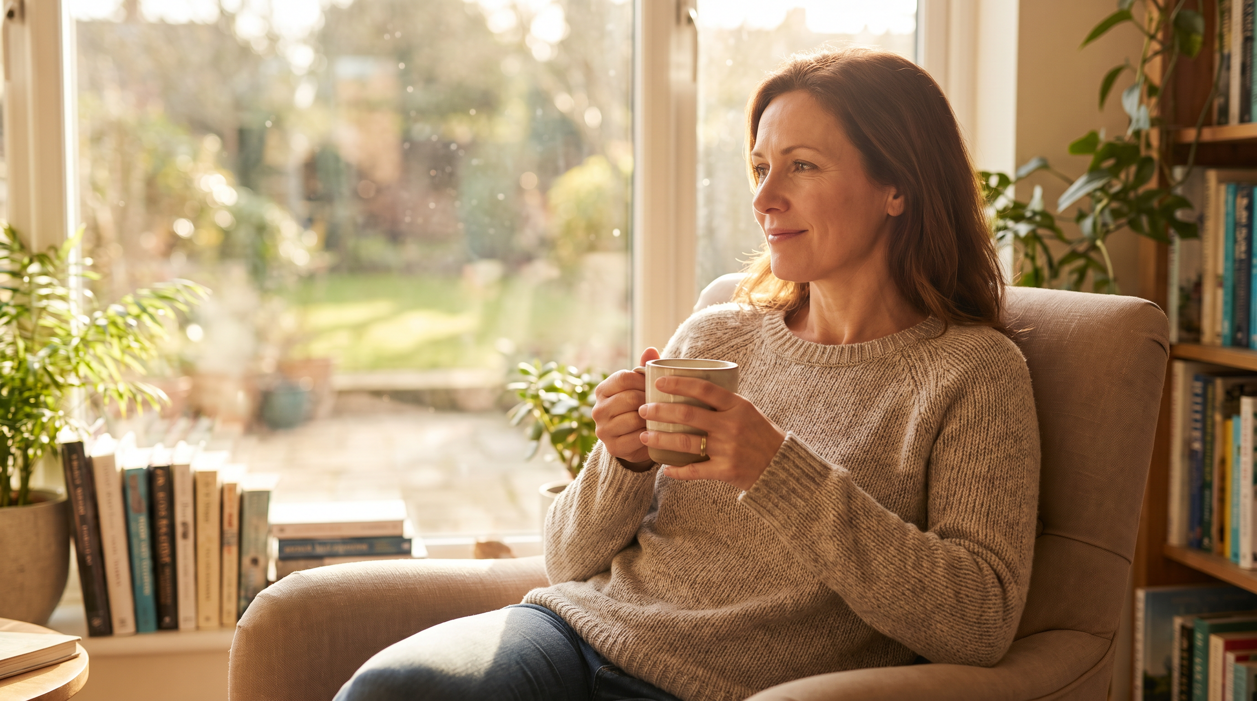 Patient at peace after TMS therapy — calm, hopeful, feeling like herself again