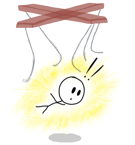 Dr. Chris's drawing: the strings hang loose and the puppet figure sits free in a yellow glow