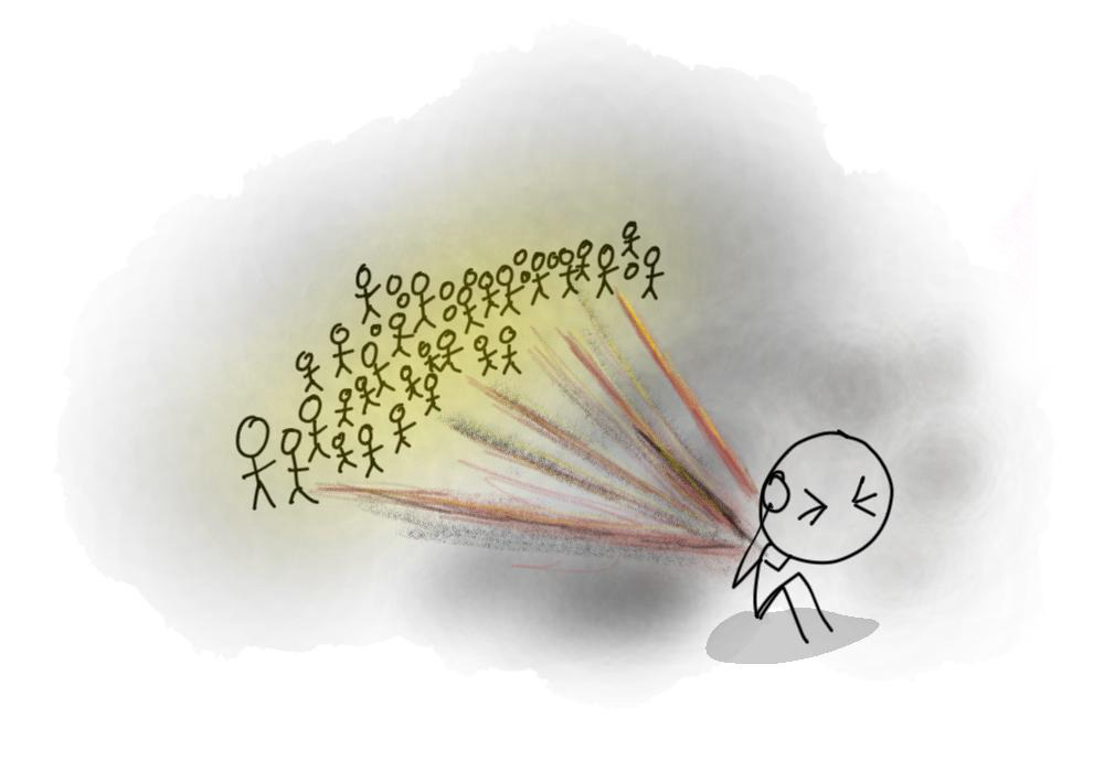 Dr. Chris's drawing: a figure winces inside a grey cloud as rays from a crowd of tiny people strike its face