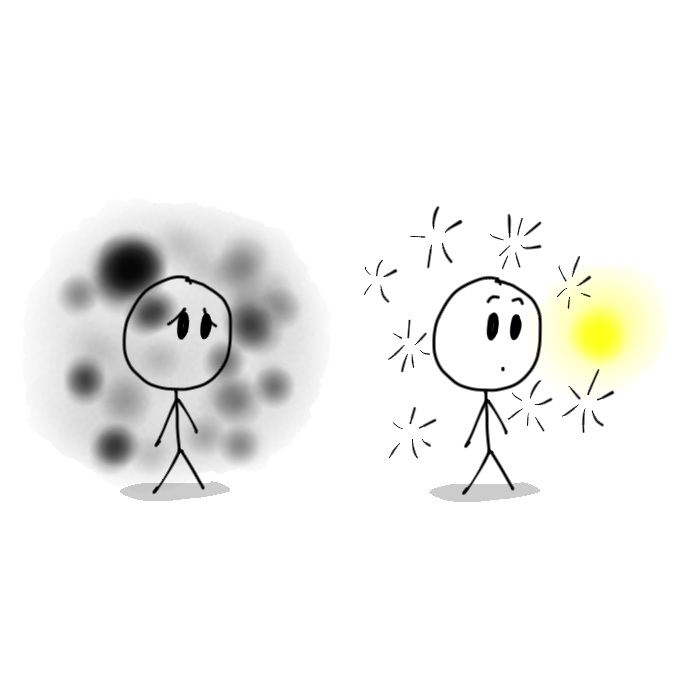 Dr. Chris's drawing: a worried figure surrounded by grey blobs, then the same figure calm among sparkles and a soft glow