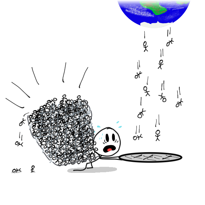 Dr. Chris's drawing: a figure strains to hold up a net full of people while more fall from the globe above