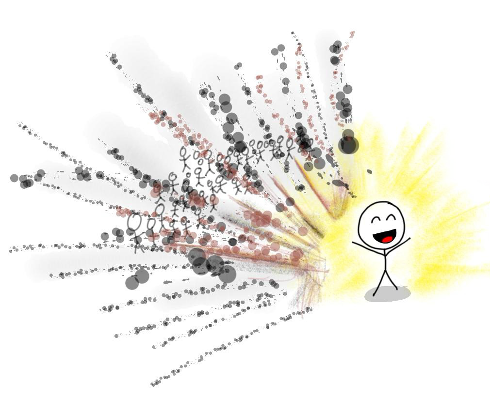 Dr. Chris's drawing: the crowd's rays have broken into scattered dots and the figure throws its arms up laughing in a yellow glow