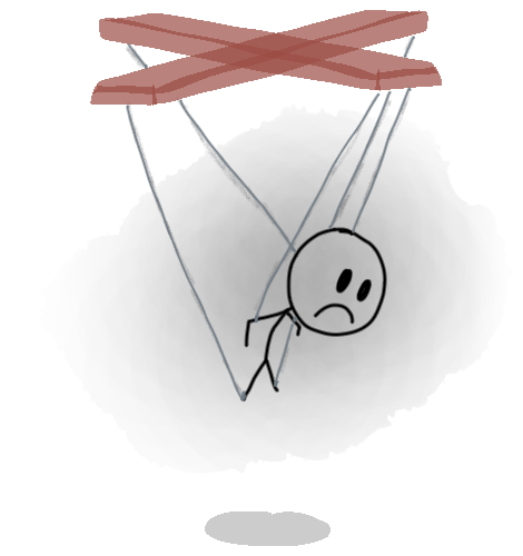 Dr. Chris's drawing: a puppet figure hangs from taut strings inside a grey cloud, frowning