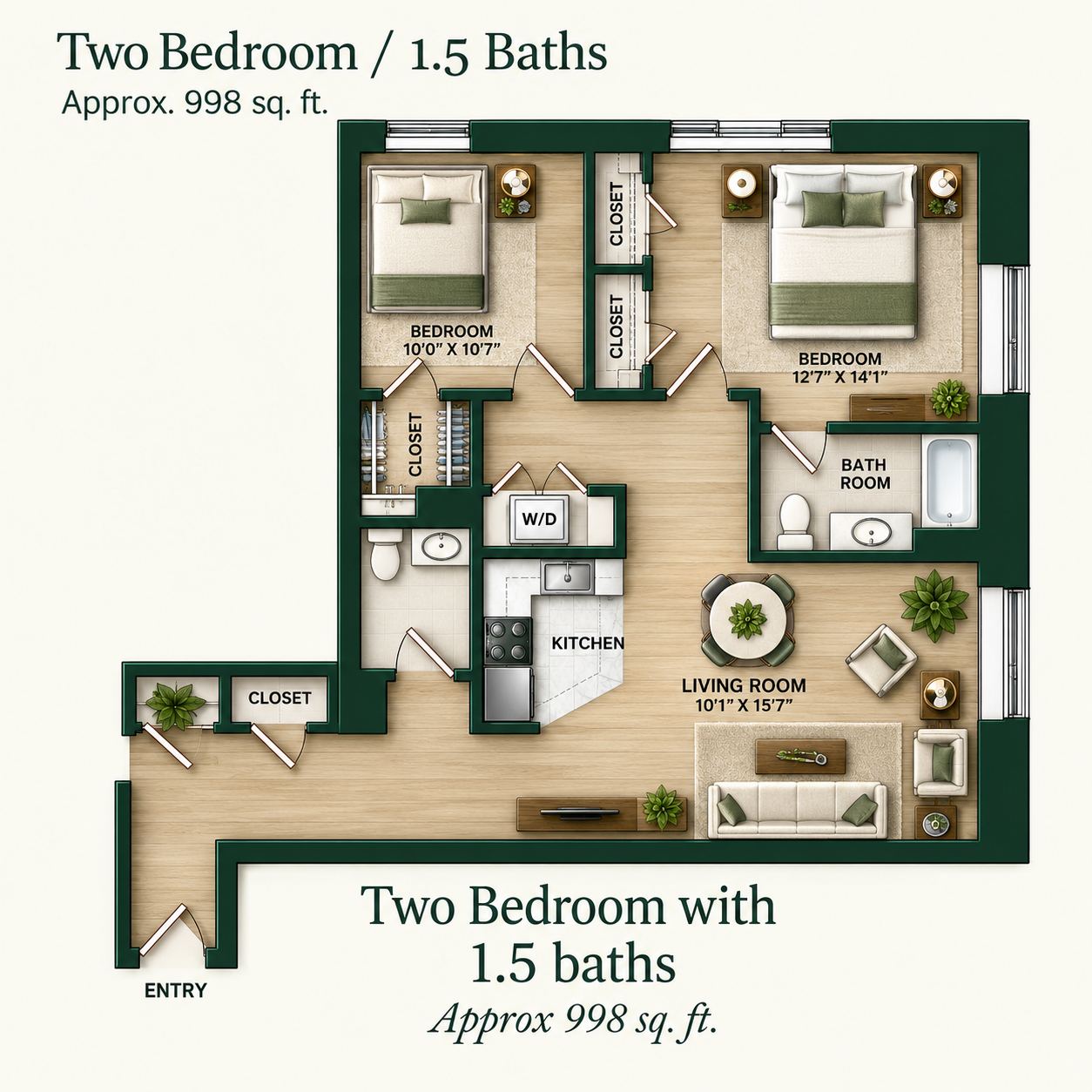 Two Bedroom / 1.5 Baths apartment floor plan