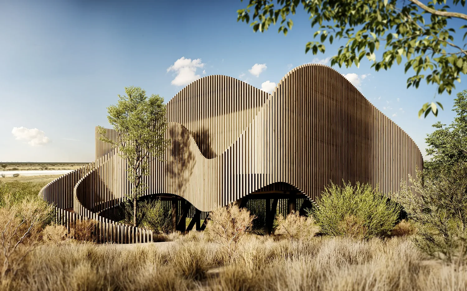 Detail of a timber lodge exterior visualisation in its landscape