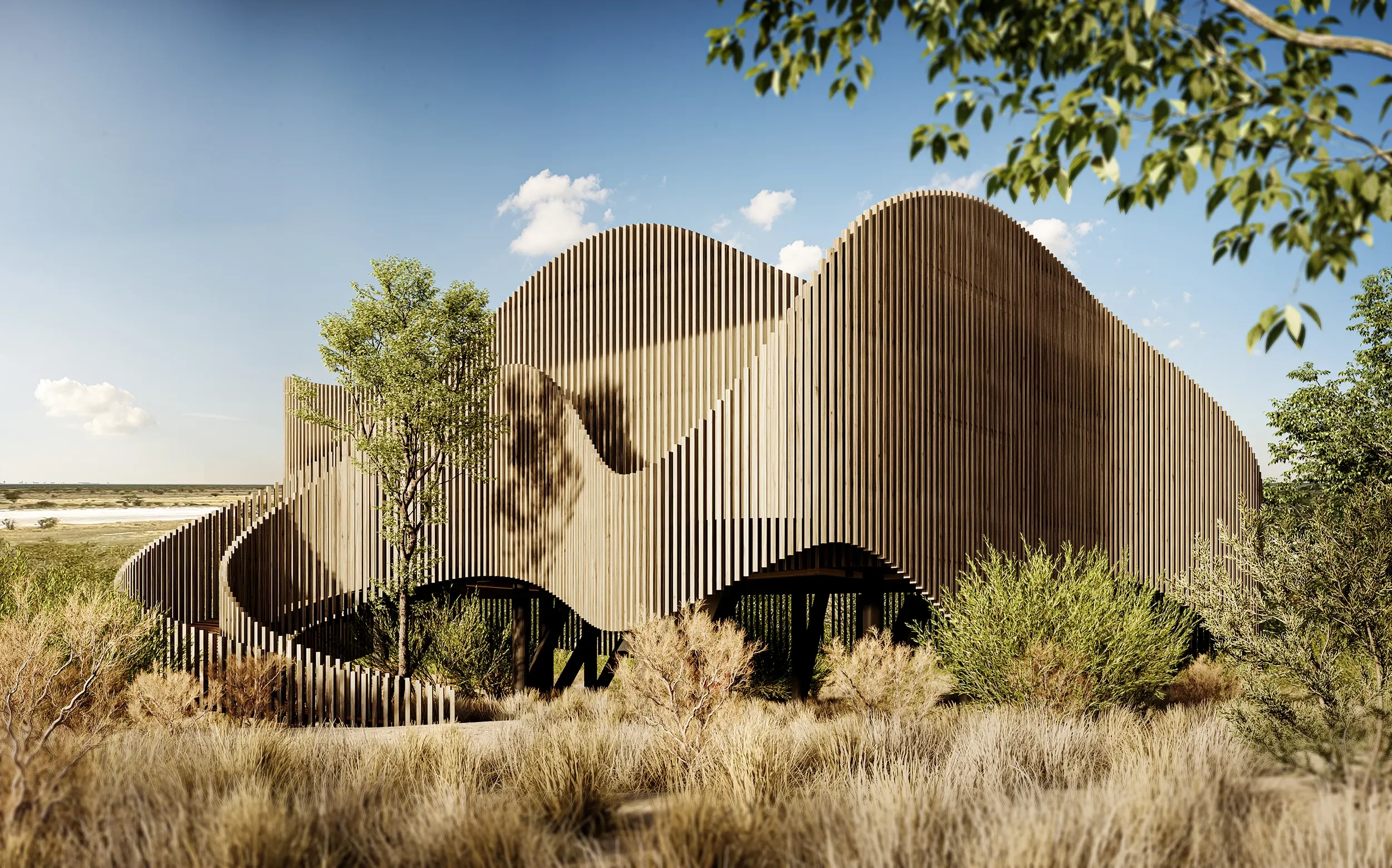 Architectural visualisation of a sculptural timber lodge suite beside a salt pan