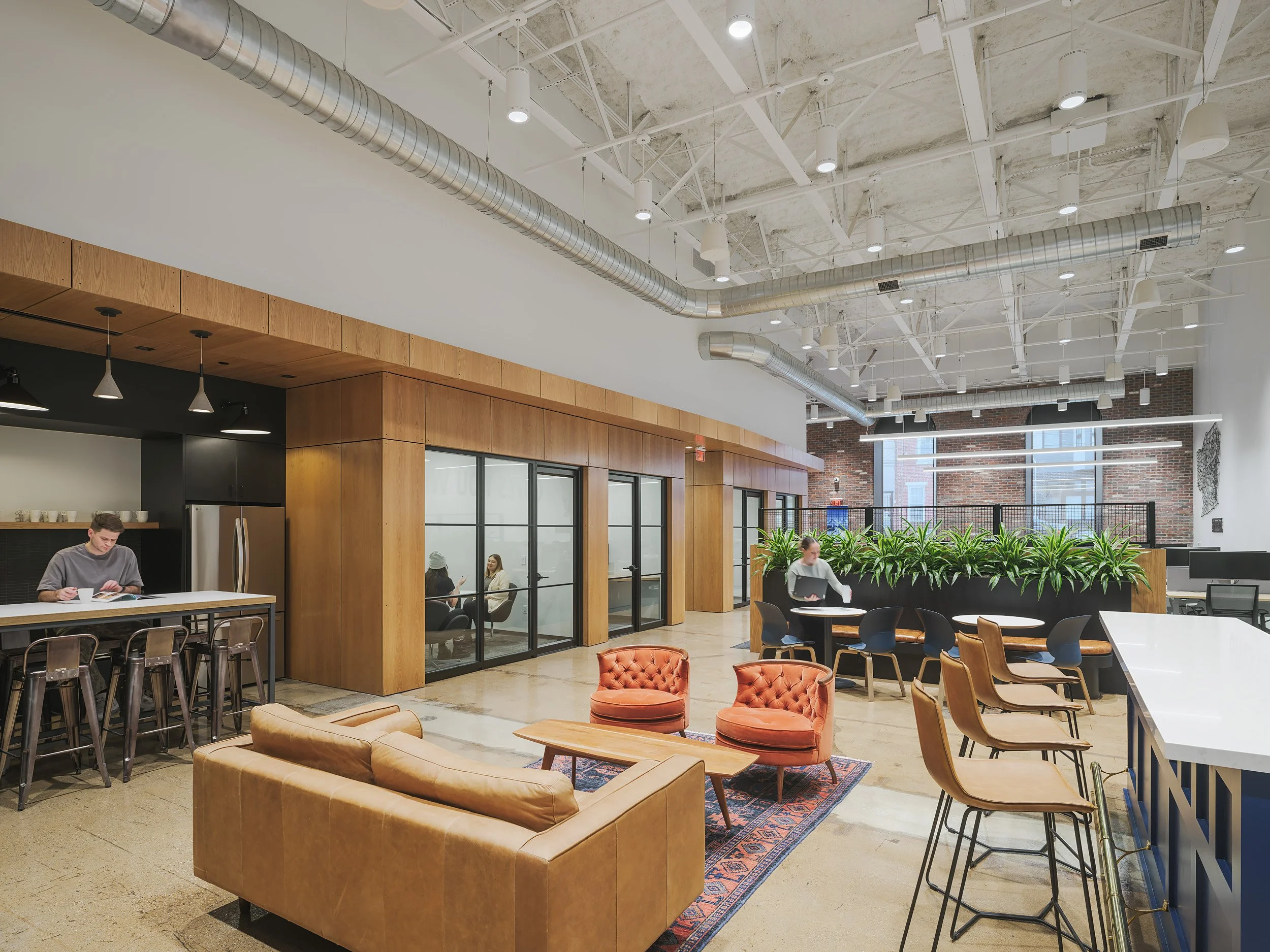 Open workplace lounge with timber wall and glazed meeting rooms