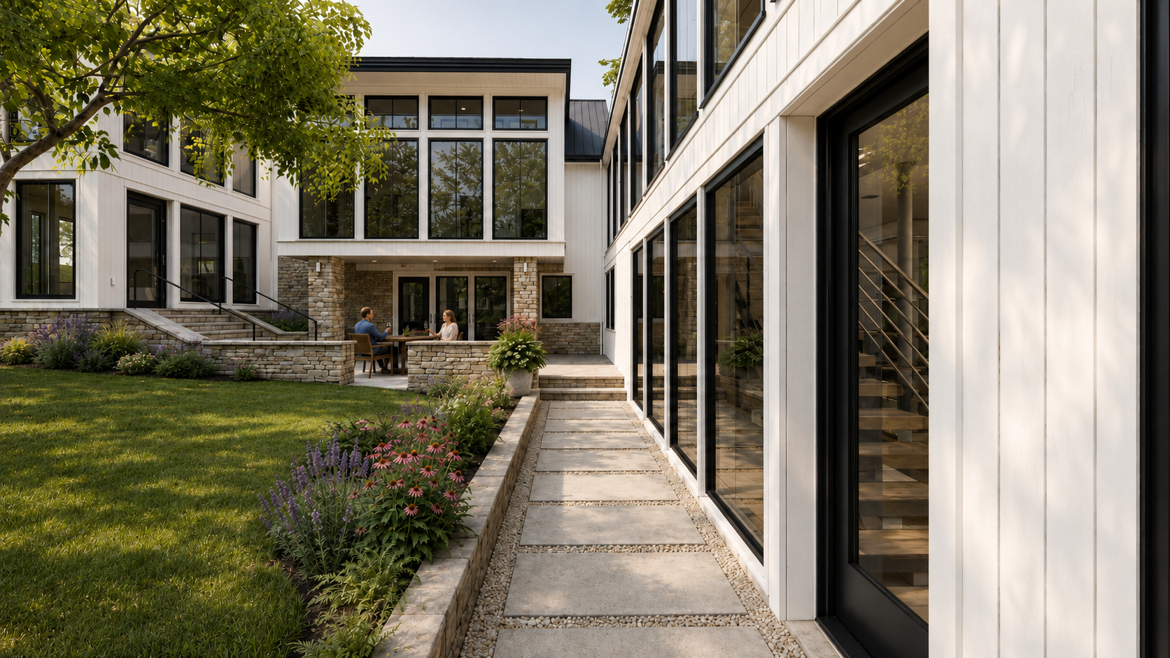 Corner dining room with full-height glazing onto the street