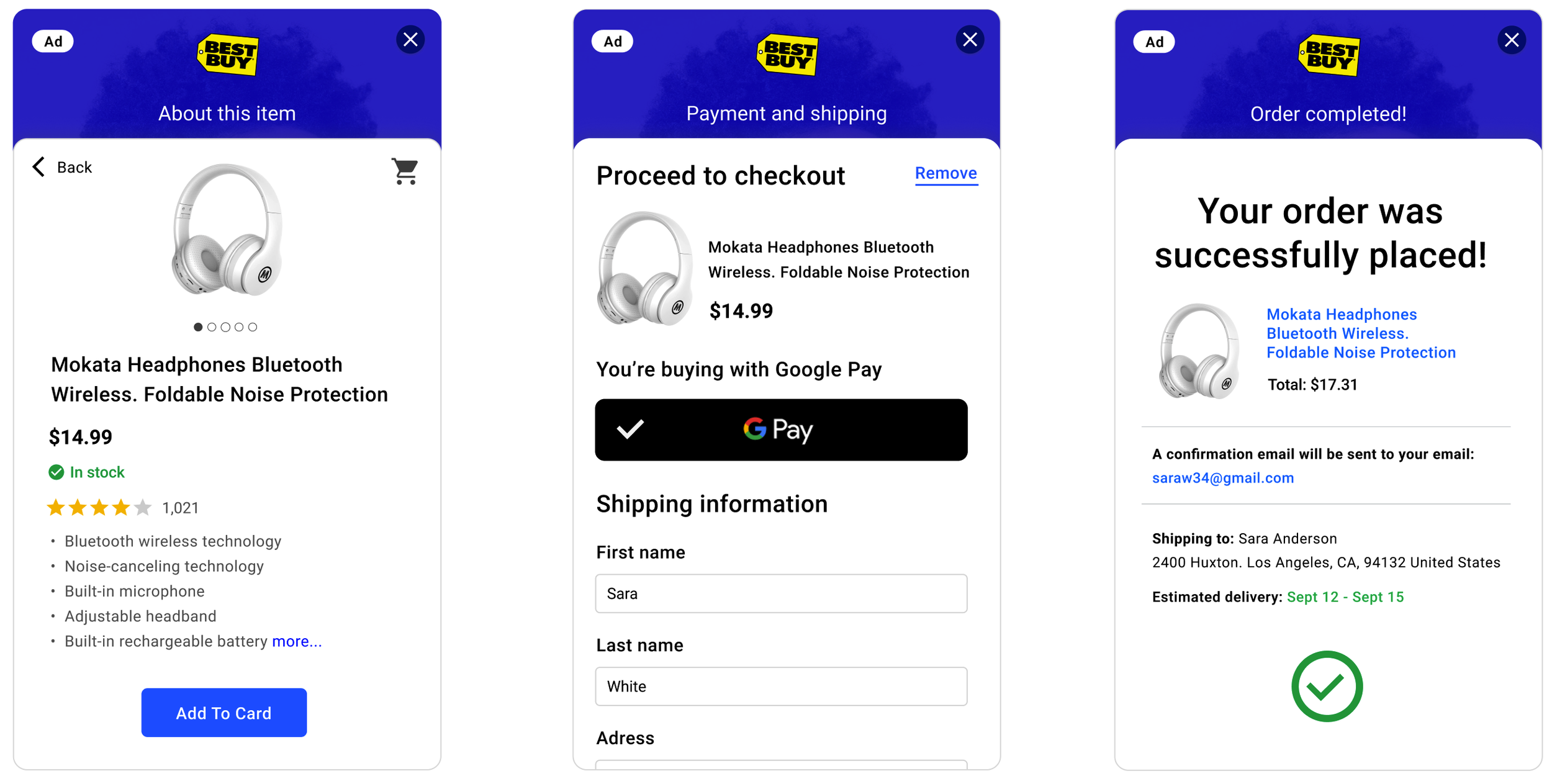 A mockup of the in-ad payment screen showing autofill and auto-pay options.