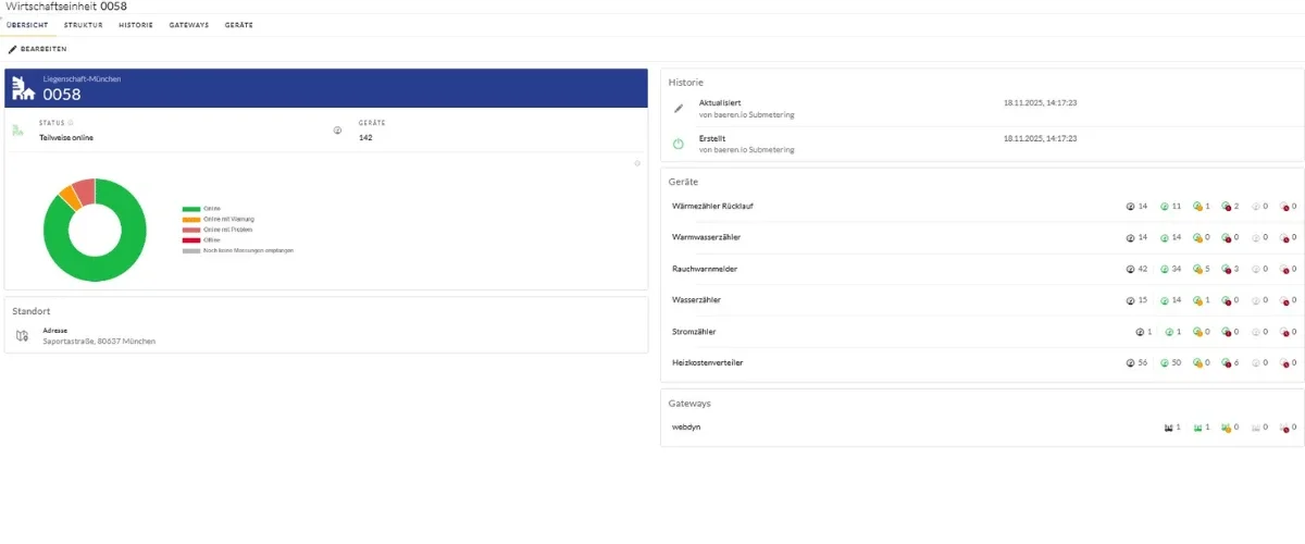 baeren.io Metering-Portal – Geräteübersicht mit Zählern verschiedener Hersteller in einer zentralen Ansicht