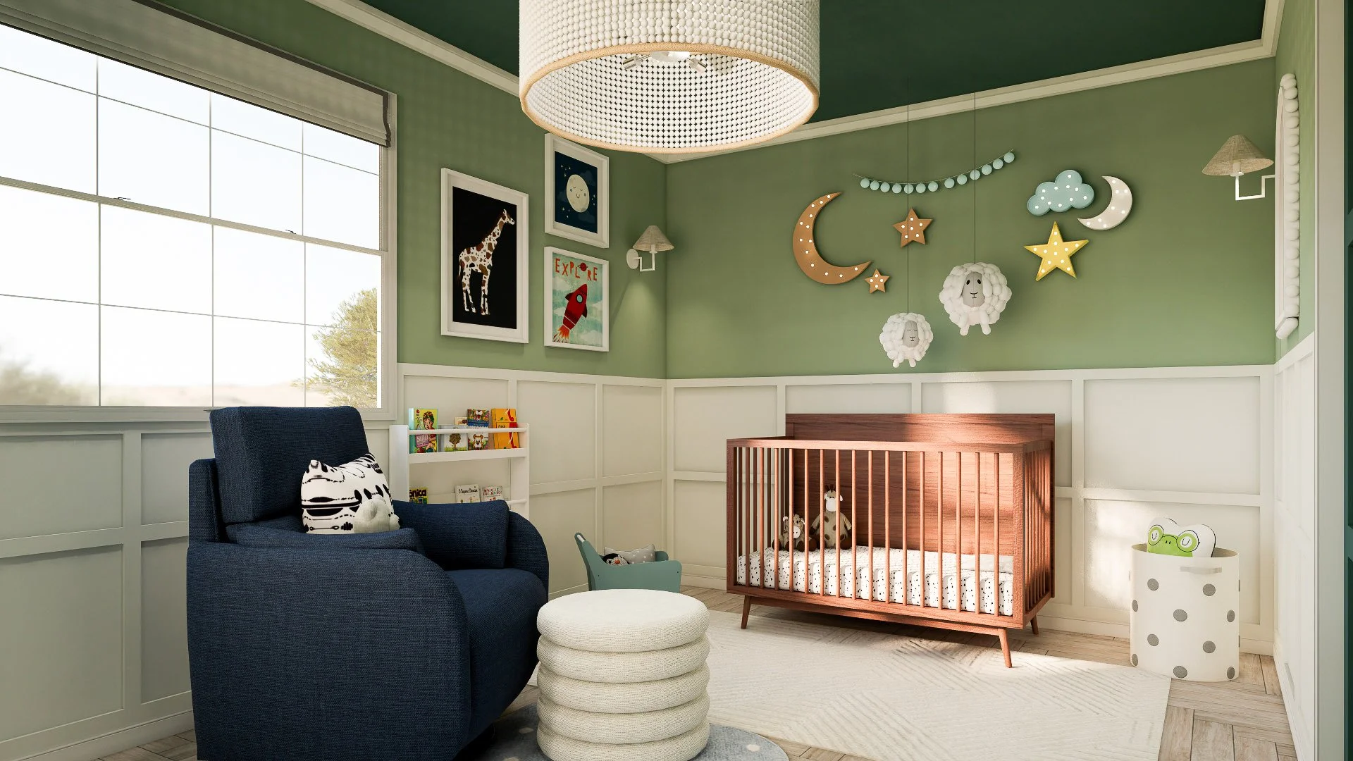 Willow Nursery visualization with a crib, nursing chair, sage green walls, and warm wood furniture