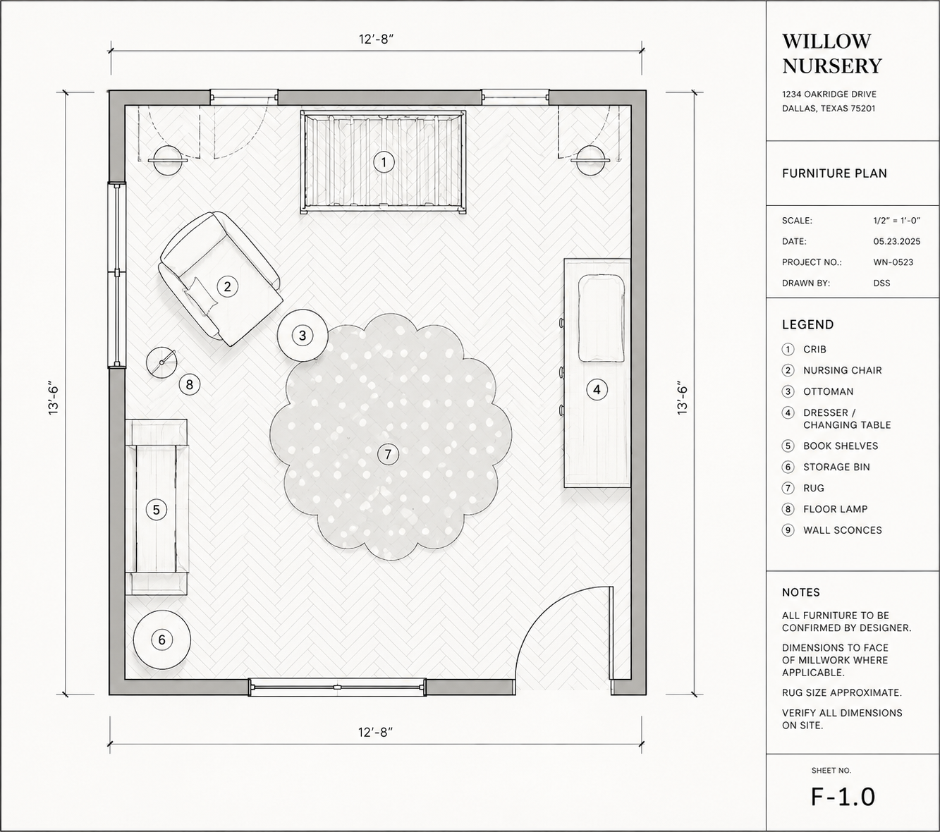 Willow Nursery furniture plan showing the crib, nursing chair, ottoman, dresser, bookshelves, rug, and storage