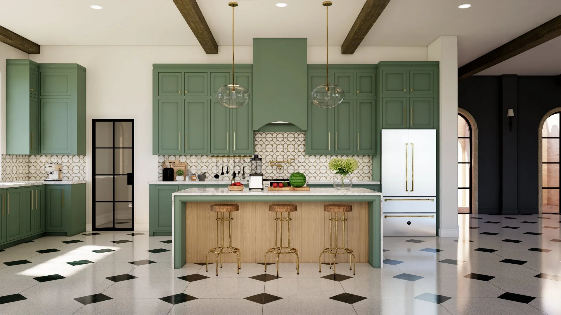 Temecula Kitchen visualization with green cabinetry, natural materials, and a central island