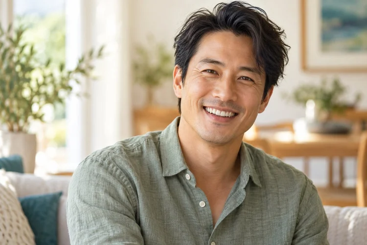 A relaxed man smiling in a welcoming setting