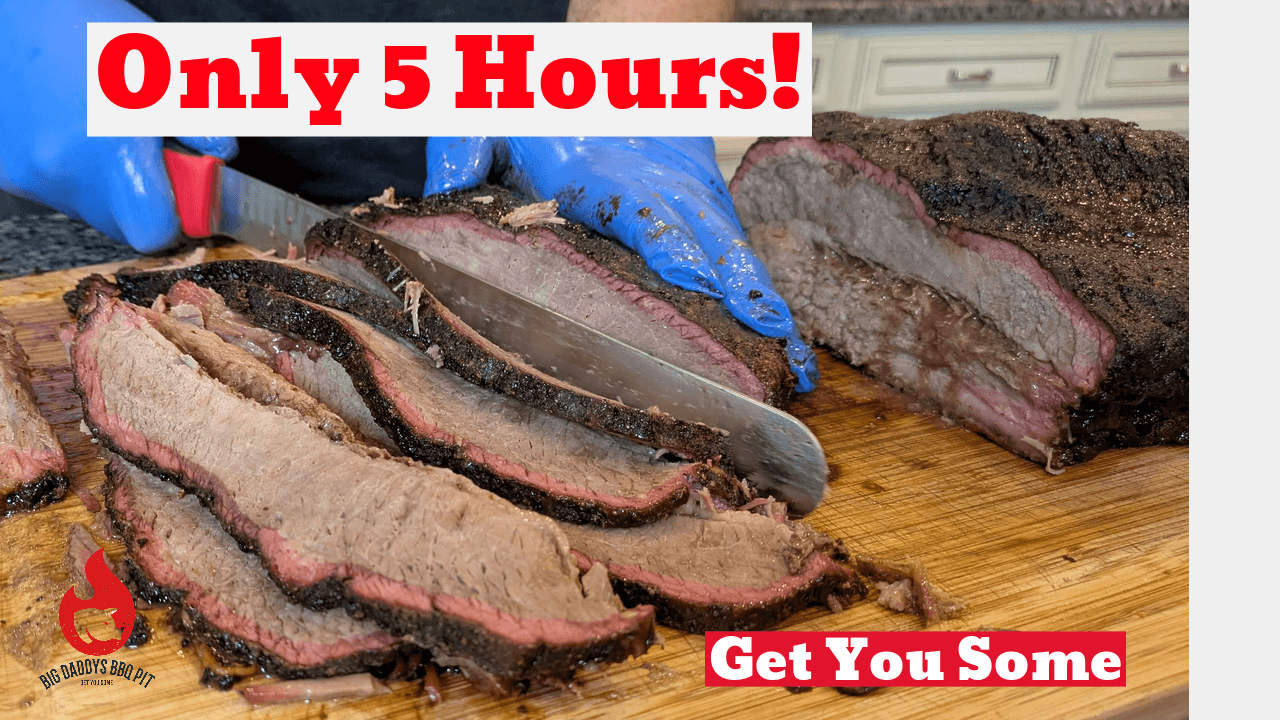 Hot and Fast Smoked Brisket sliced on the cutting board