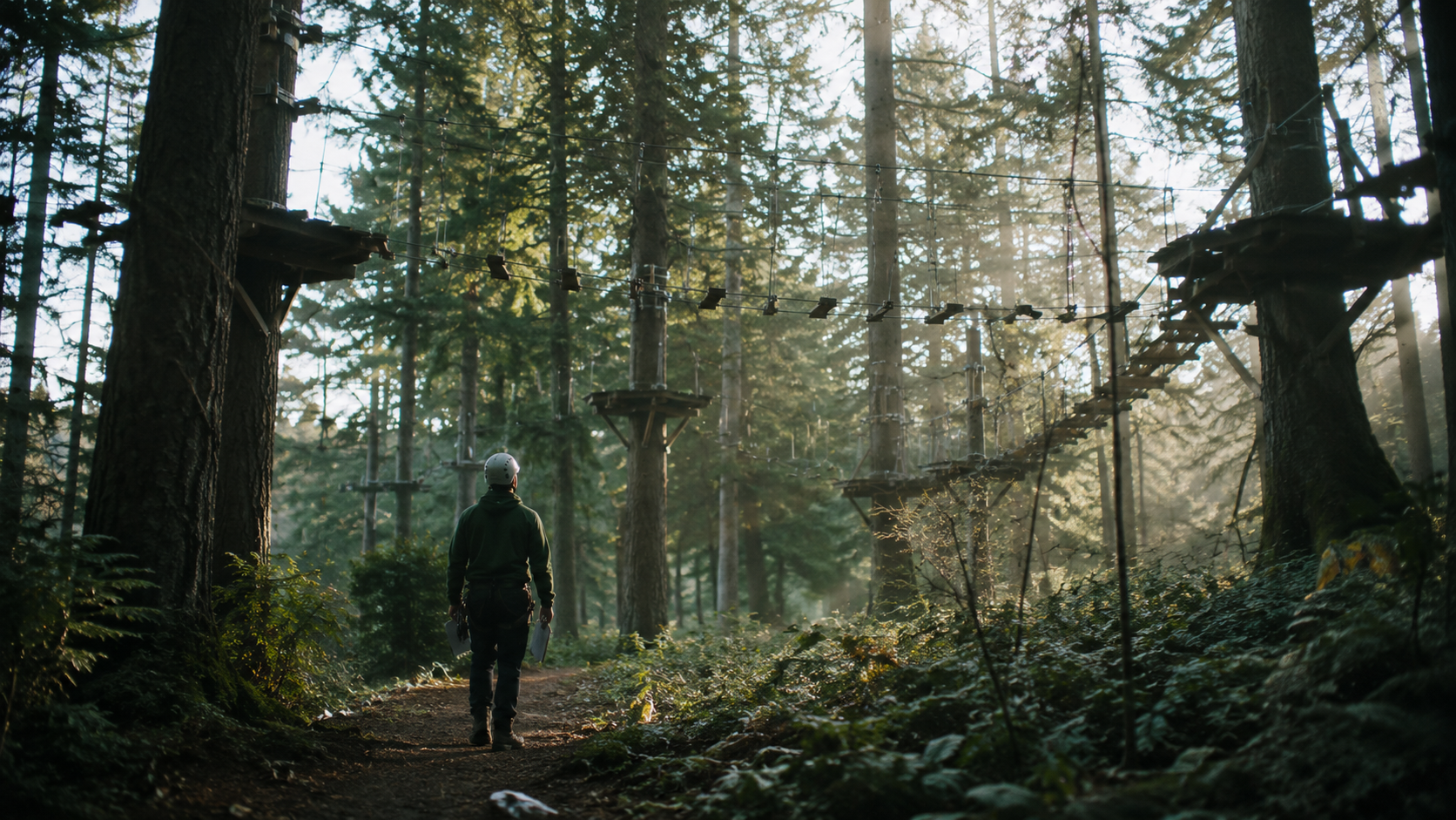 Adventure park staff member walking the trail beneath the course on a morning inspection