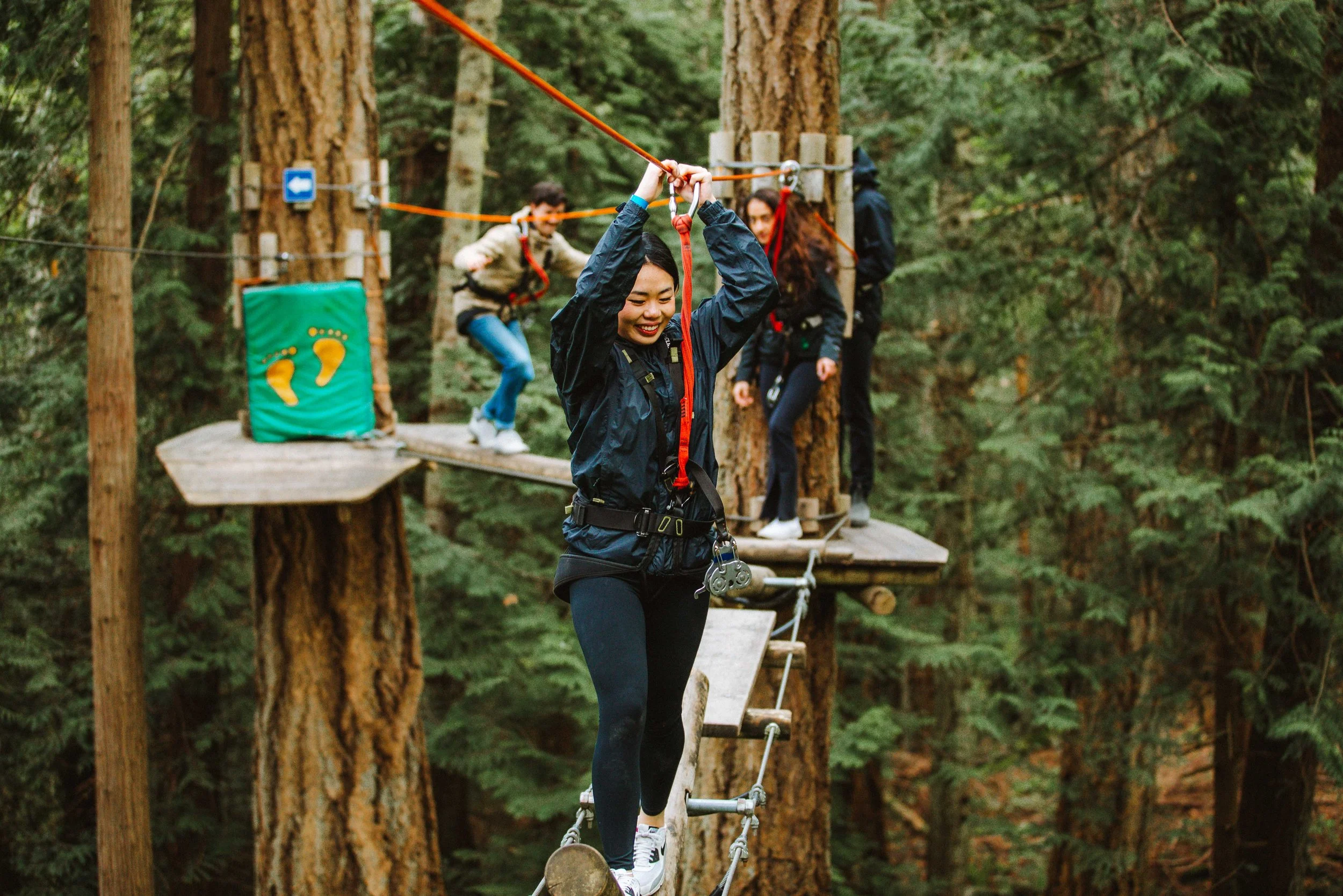 A team taking on the WildPlay Thacher Adventure Course together